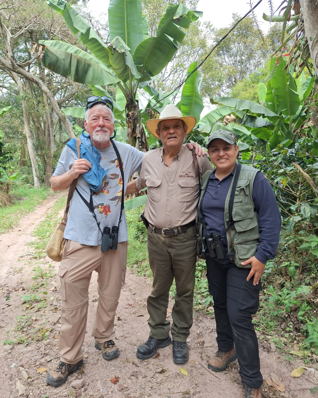 Birding group with local guide on forest trail, Honduras