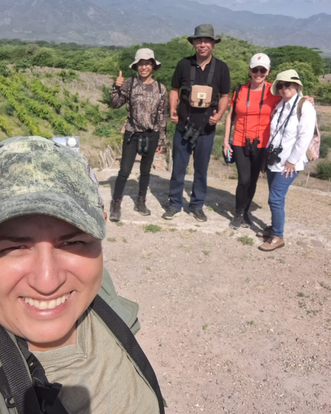 Birding group selfie in the dry valley, Honduras