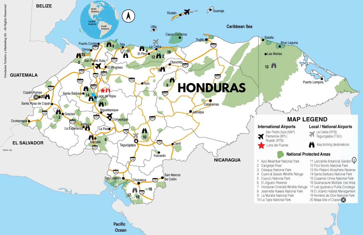 Map of Honduras showing birding destinations and national parks